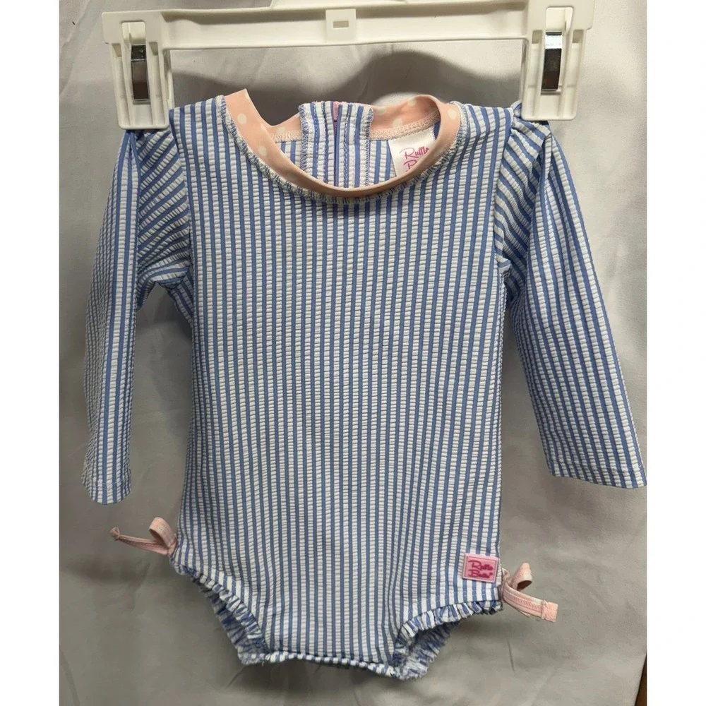 RuffleButts Baby Girls 6-12M Seersucker One-Piece Long Sleeve Rashguard Swimsuit